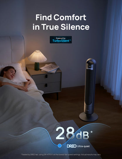 DREO Smart Tower Fan for Bedroom, 90° Oscillating Standing Fans for Room with 4 Speeds, 4 Modes, 25dB Quiet for Sleep, 25ft/s Velocity, 8H Timer, Remote/App/Voice Control for Living Room, Office, Home
