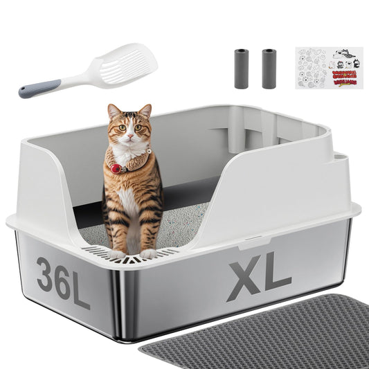 Stainless Steel Cat Litter Box with Lid, XL for Big Cats, High Sided Metal Litter Pan, Anti Leakage,Odor-Free & Easy Cleaning,Included Scoop &Trash Bag*2 & Mat & Sticker (White)