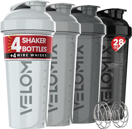 VELOMIX -4 PACK- 28 oz Protein Shaker Bottle for Protein Mixes - 4x Wire Whisk | Leak Proof Shaker Cups for Protein Shakes | Protein Shaker Bottle Pack | Protein Shake Cup(Silver Mix) - Available at All In One Marketplace Canada
