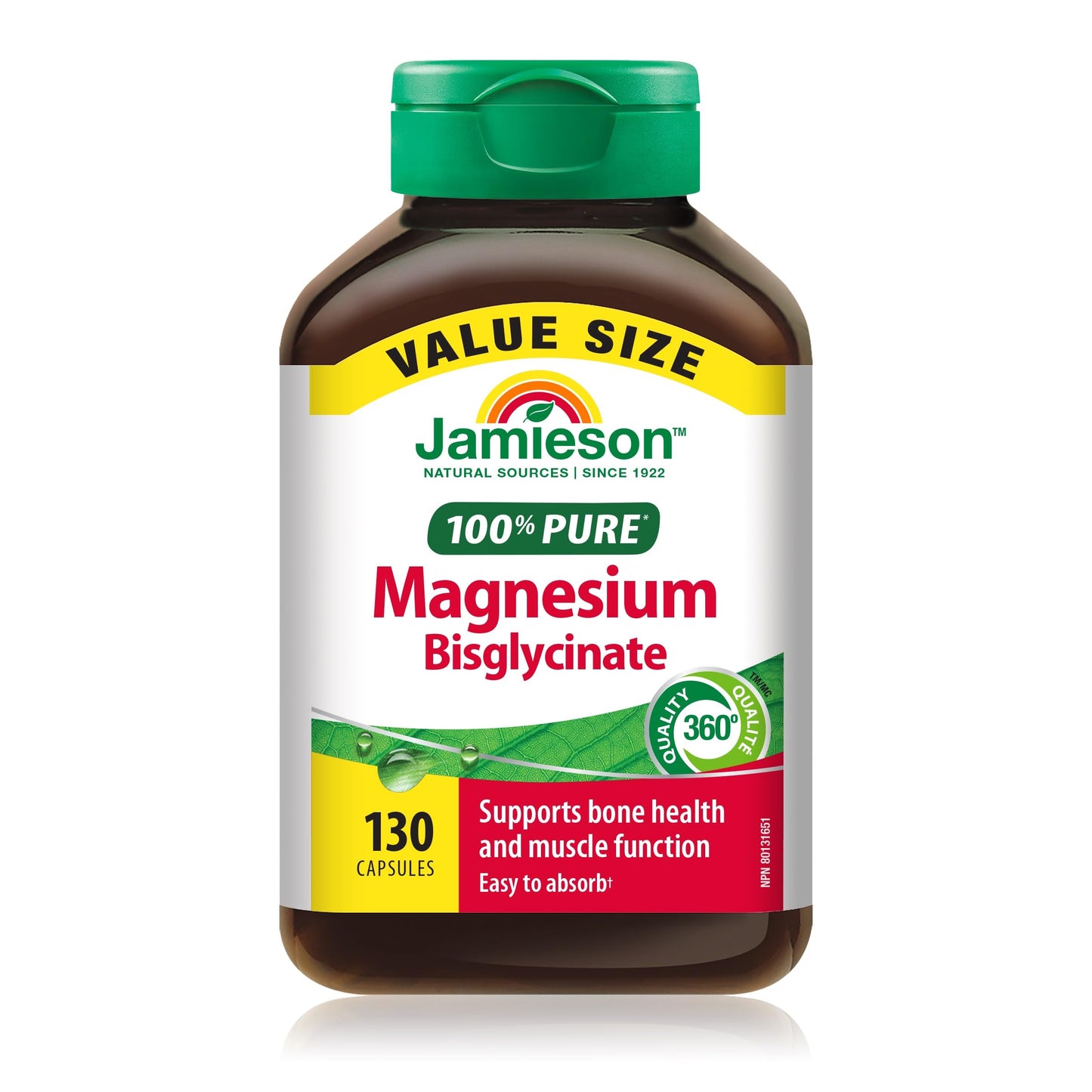 Jamieson 100% Pure Magnesium Bis-glycinate 100 mg Capsules, Not Blended, Magnesium Oxide Free, Supports Bone Development and Muscle Function, Chelated, Source of Electrolytes, Easy to Absorb, Vegetarian, Non-GMO, Gluten-Free, Value Size, 130 Count