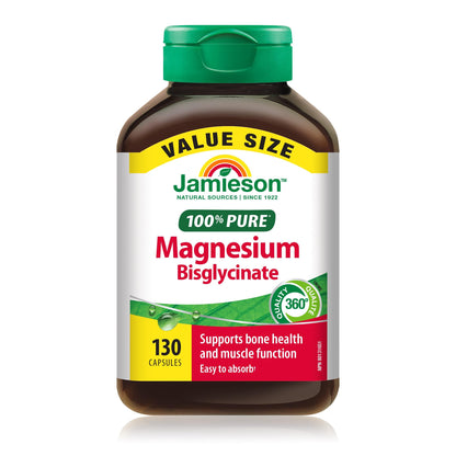Jamieson 100% Pure Magnesium Bis-glycinate 100 mg Capsules, Not Blended, Magnesium Oxide Free, Supports Bone Development and Muscle Function, Chelated, Source of Electrolytes, Easy to Absorb, Vegetarian, Non-GMO, Gluten-Free, Value Size, 130 Count