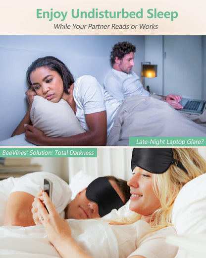 BeeVines Silk Sleep Mask for Men, 2 Pack 100% Natural Mulberry Silk Eye Mask with Adjustable Strap, Sleeping Aid Blindfold for Nap, Soft Eye Sleep Shade Cover, 100% Blocks Light Reduces Puffy Eyes (Black)