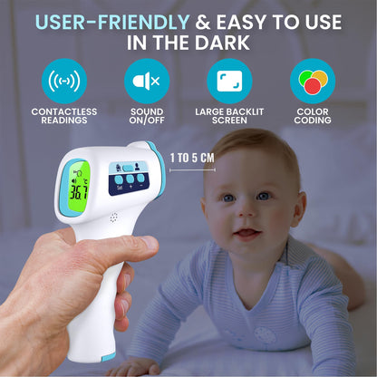 ByFloProducts Forehead Thermometer, Non Touch Digital Thermometer for Adult and Baby, Digital Infrared Thermometer, Fast and Accurate Reading with Fever Alarm, Blue - Available at All In One Marketplace Canada