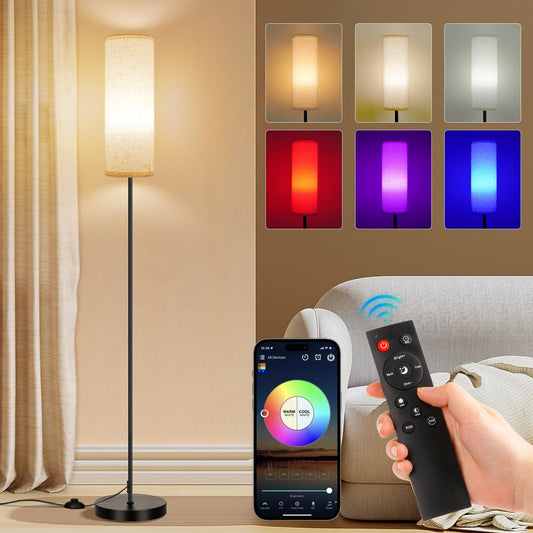 FRIDEKO HOME Floor Lamps for Living Room, Dimmable 3 Colors Temperature Floor Lamp with Remote, Tall Standing Lamps for Living Room Bedroom Office Corner, Foot Switch, Beige Shade, 9W RGB LED Bulb