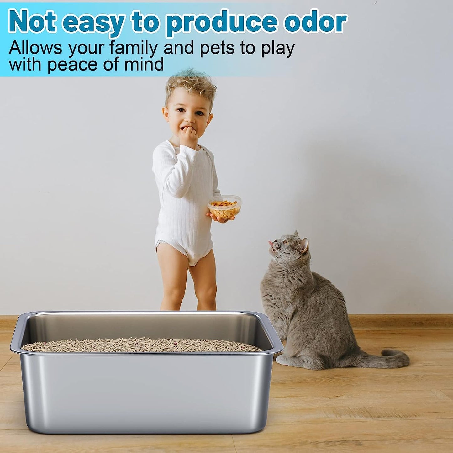 ZuHucpts Stainless Steel Cat Litter Box, Large Metal Litter Pan for Cats (20" Lx14 Wx6 H)
