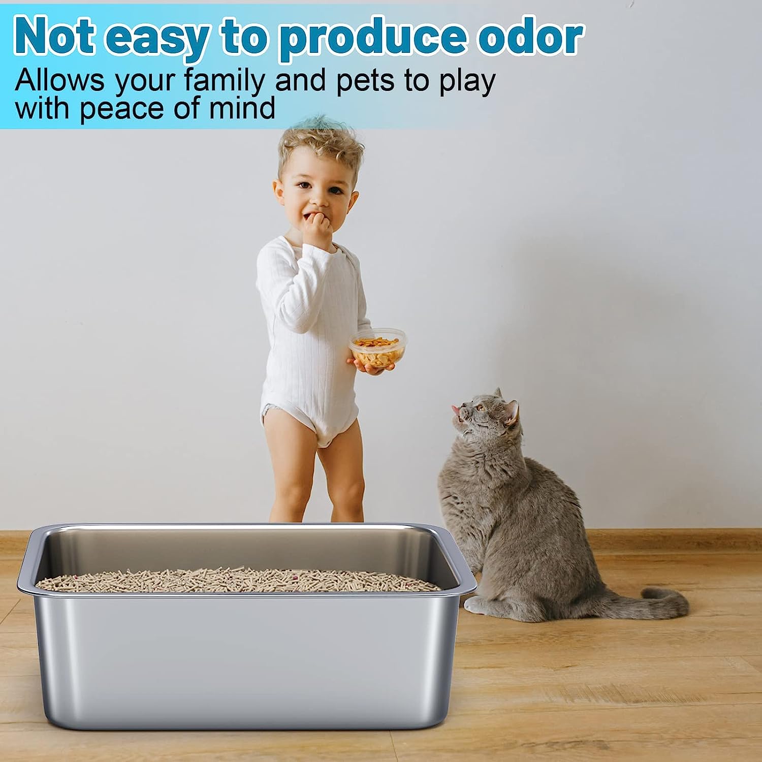 ZuHucpts Stainless Steel Cat Litter Box, Large Metal Litter Pan for Cats (20" Lx14 Wx6 H)