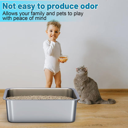 ZuHucpts Stainless Steel Cat Litter Box, Large Metal Litter Pan for Cats (20" Lx14 Wx6 H)