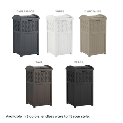 Suncast 33 Gallon Wicker-Style Hideaway Trash Can with Secure Latching Lid and Weather-Resistant Construction for Patio, Cyberspace Grey, Made in the USA Suncast
