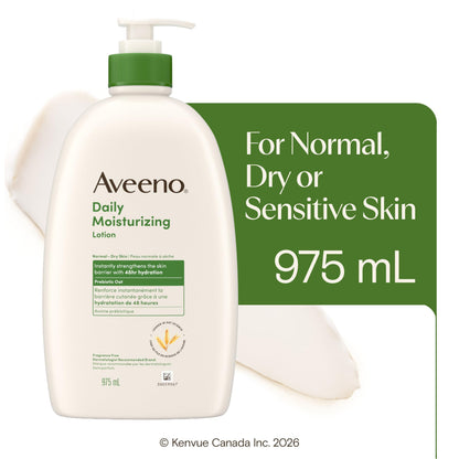 Aveeno Daily Moisturizing Body Lotion with Soothing Prebiotic Oat, Gentle Lotion Nourishes Dry Skin With Moisture, Paraben-, Dye- & Fragrance-Free, Non-Greasy & Non-Comedogenic, 975 ml