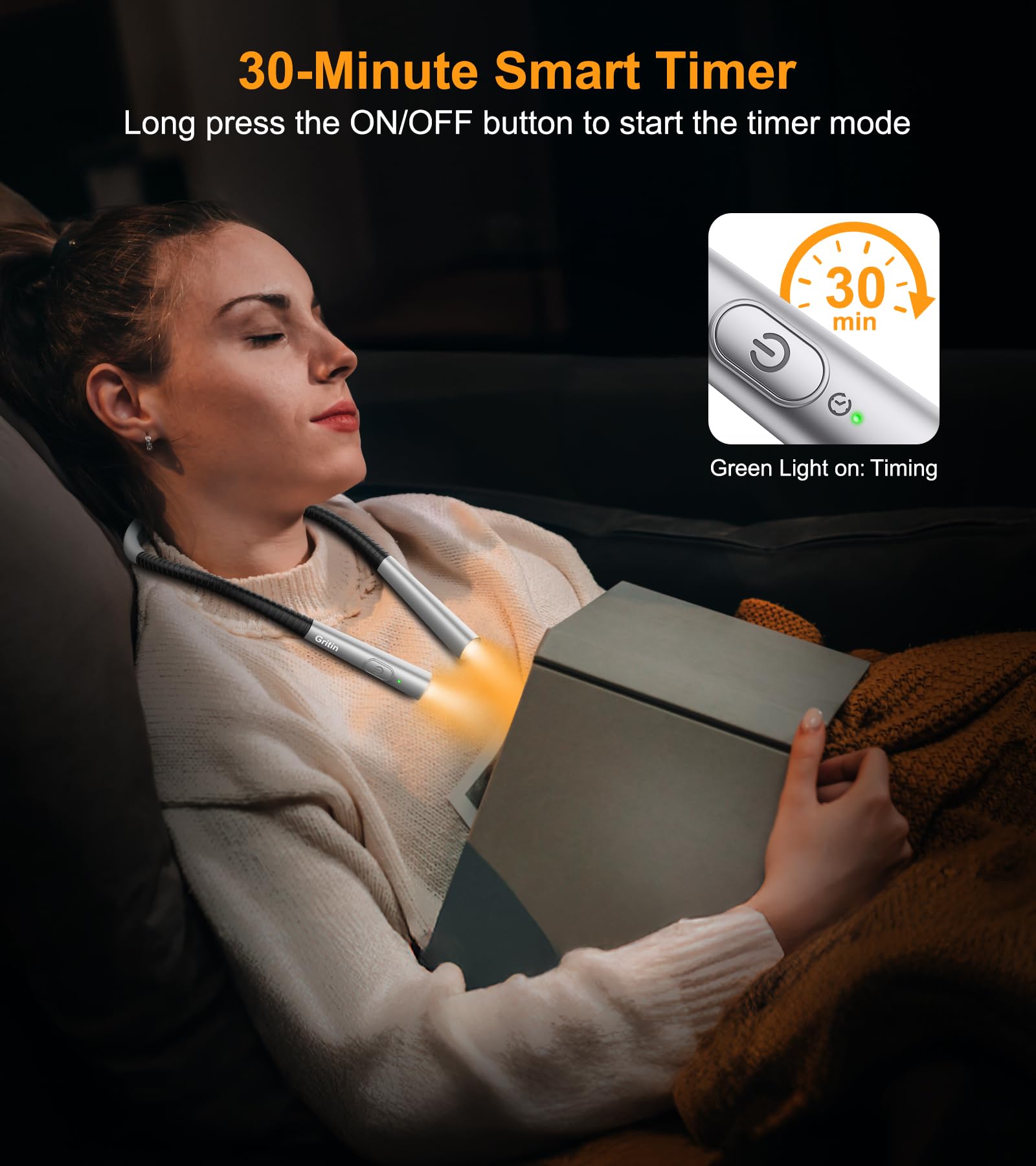 Gritin Rechargeable Book Light, Eye Caring Neck Reading Light 4-Color&5-Brightness, Stepless Dimming, 30-min Timer, 80H+ Runtime, Bendable Round Neck Design, Lightweight for Reading,Knitting,Repairing - Available at All In One Marketplace Canada