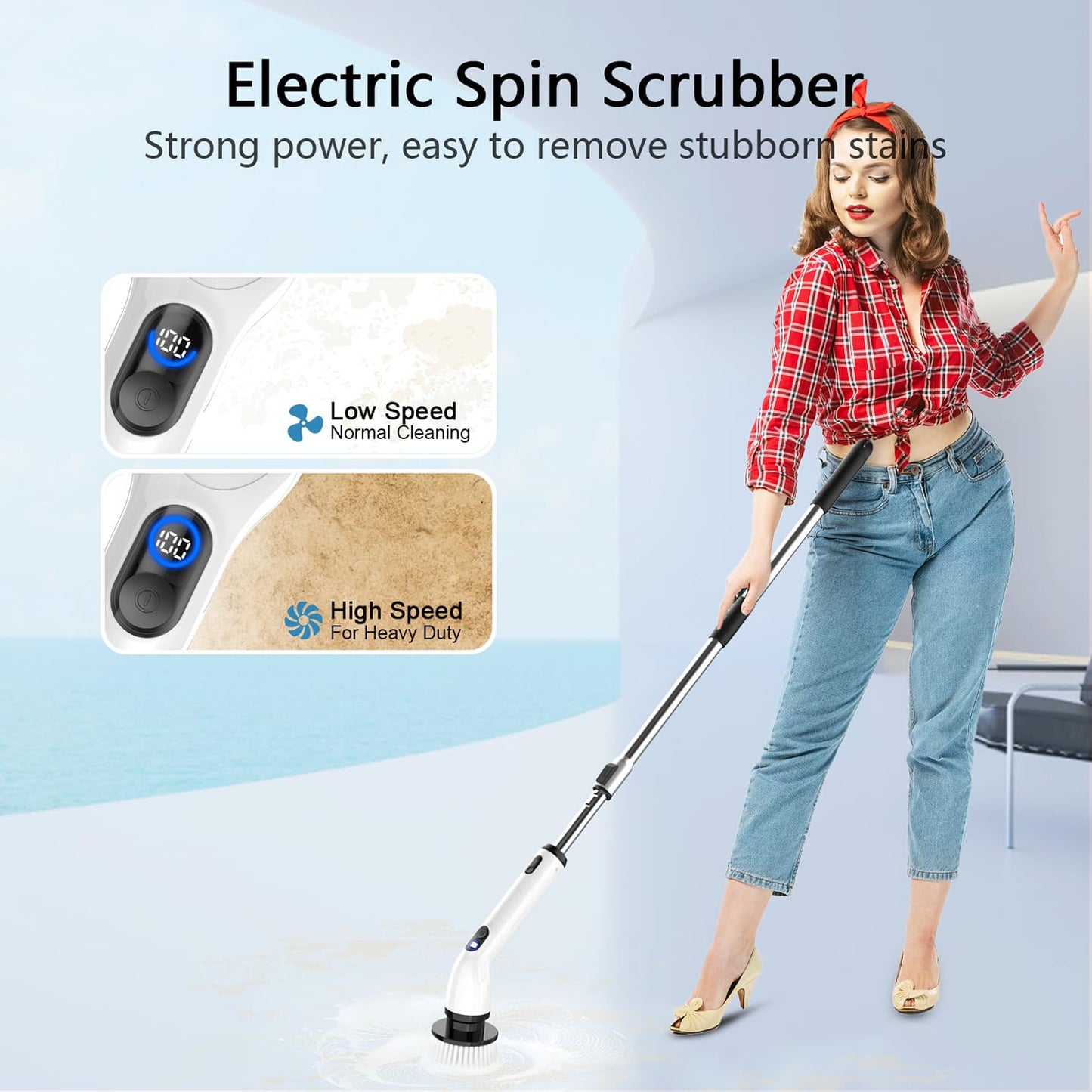TUYU Electric Spin Scrubber, Full-Body IPX7 Waterproof Bathroom Scrubber with Power LCD Display, Adjustable Extension Handle, Cordless Shower Cleaner Brush for Bathtub Kitchen Wall Cleaning - Available at All In One Marketplace Canada