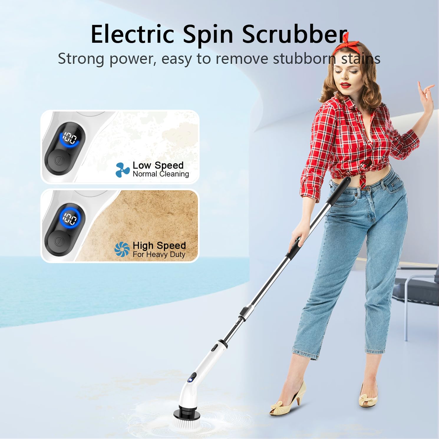 TUYU Electric Spin Scrubber, Full-Body IPX7 Waterproof Bathroom Scrubber with Power LCD Display, Adjustable Extension Handle, Cordless Shower Cleaner Brush for Bathtub Kitchen Wall Cleaning - Available at All In One Marketplace Canada