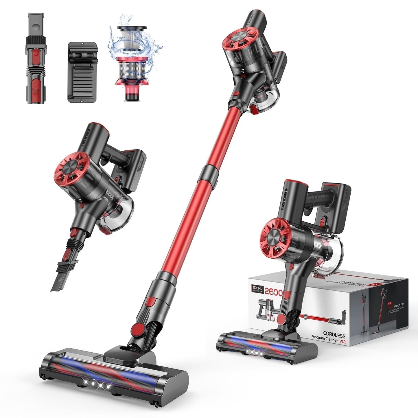 Cordless Vacuum Cleaner, 80,000PRM Stick Vacuum with 2 Powerful Suction Modes, Max 40 Mins Runtime, Protable 2600mAh Rechargeable Battery Vacuum Cleaner for Home (Pale Red) - Available at All In One Marketplace Canada
