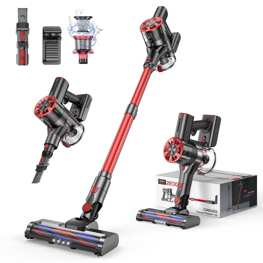 Cordless Vacuum Cleaner, 80,000PRM Stick Vacuum with 2 Powerful Suction Modes, Max 40 Mins Runtime, Protable 2600mAh Rechargeable Battery Vacuum Cleaner for Home (Pale Red) - Available at All In One Marketplace Canada
