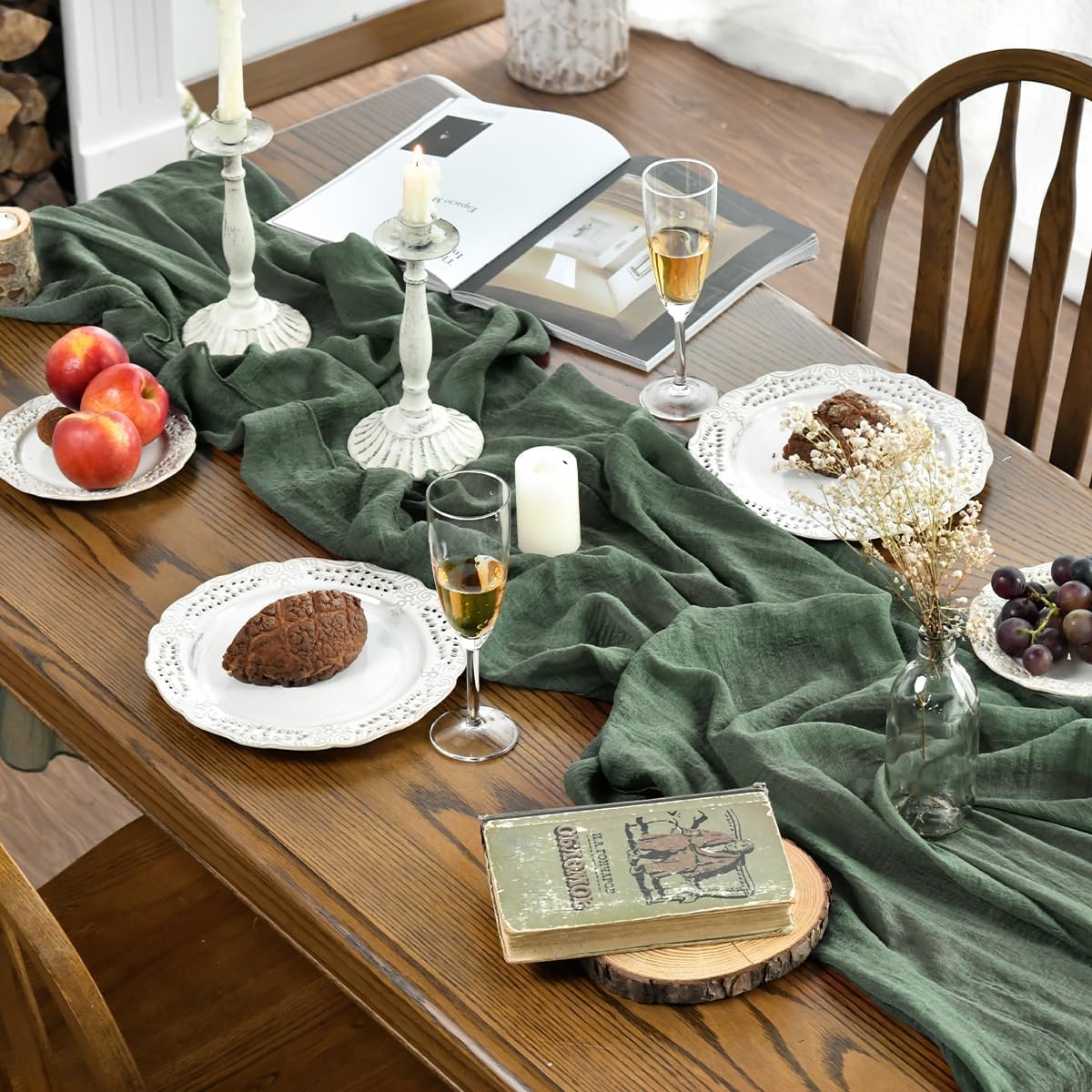Artoid Mode Boho Cheesecloth Gauze Forest Green Wedding Table Runner, 300 cm Seasonal Fabric Kitchen Dining Holiday Table Decor for Home Party Indoor 🍁 All In One Marketplace Canada