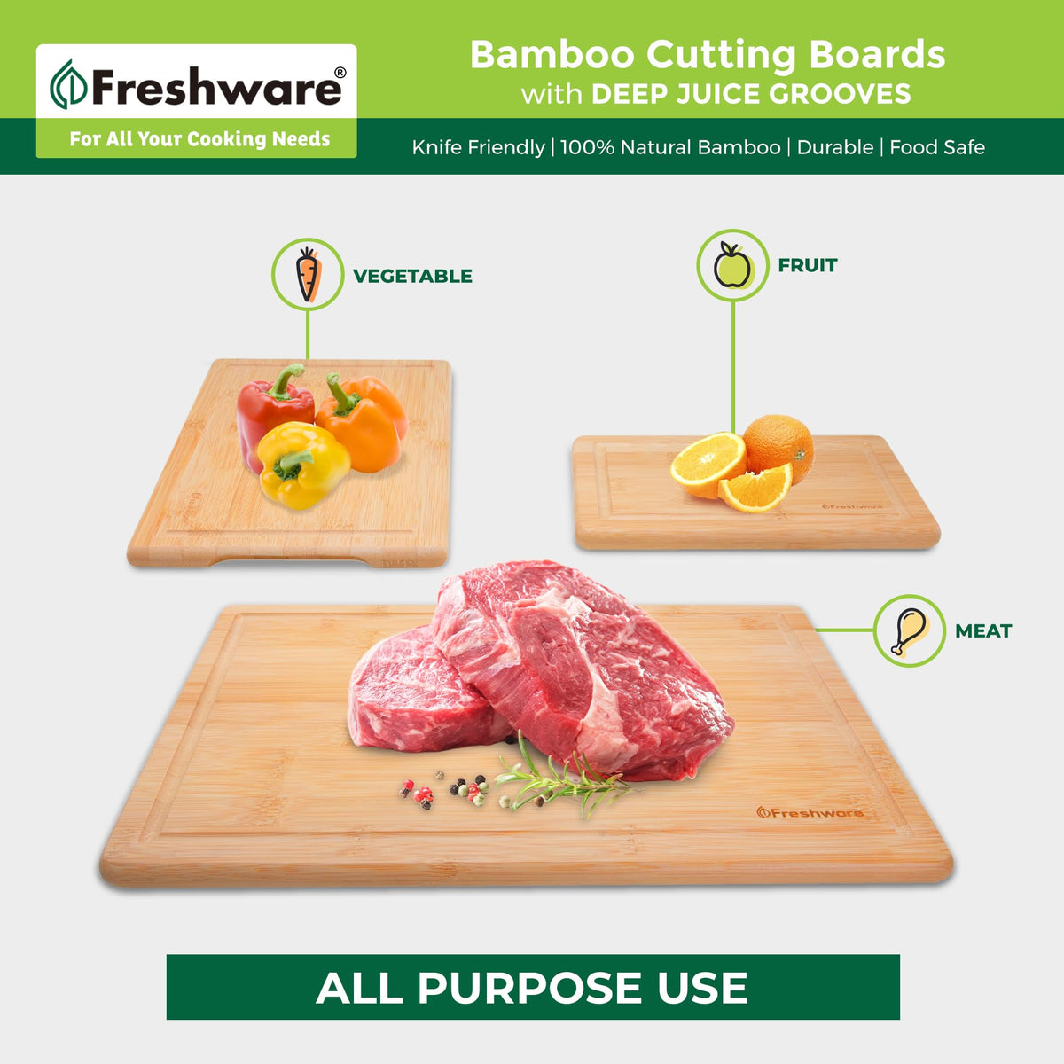 Freshware Wood Cutting Boards for Kitchen - Bamboo Cutting Board Set of 3, Cutting Boards with Juice Grooves, Serving Board Set, Chopping Board for Meat, Veggie, Easy Grip Handle (9x6, 12x8, 15x10)