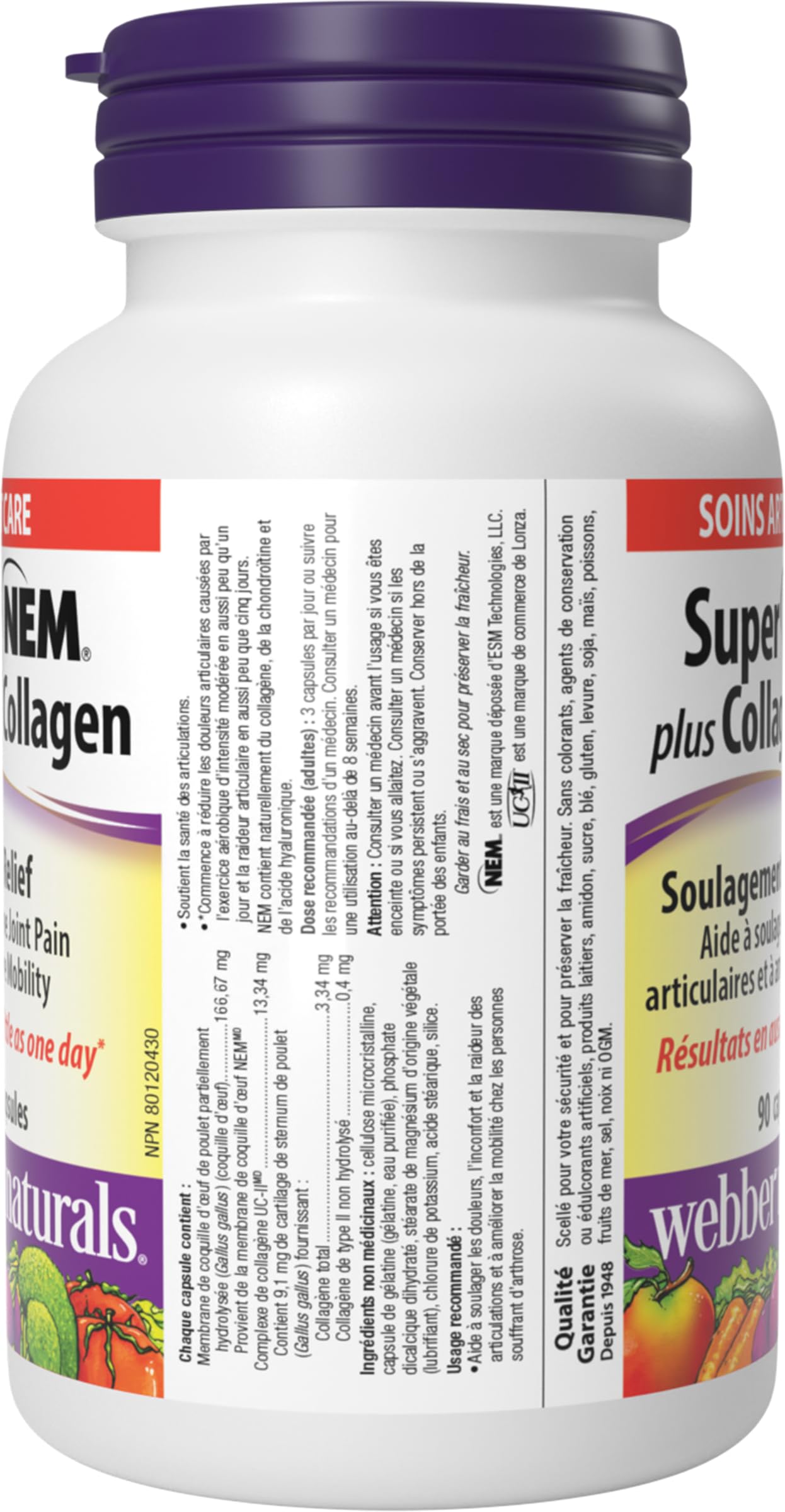 Webber Naturals Super NEM Plus UC-II Collagen, 90 Capsules, Eggshell Membrane to Help Relieve Joint Pain, Stiffness, and Mobility - Available at All In One Marketplace Canada