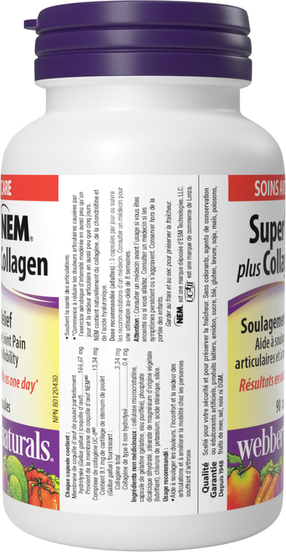 Webber Naturals Super NEM Plus UC-II Collagen, 90 Capsules, Eggshell Membrane to Help Relieve Joint Pain, Stiffness, and Mobility - Available at All In One Marketplace Canada