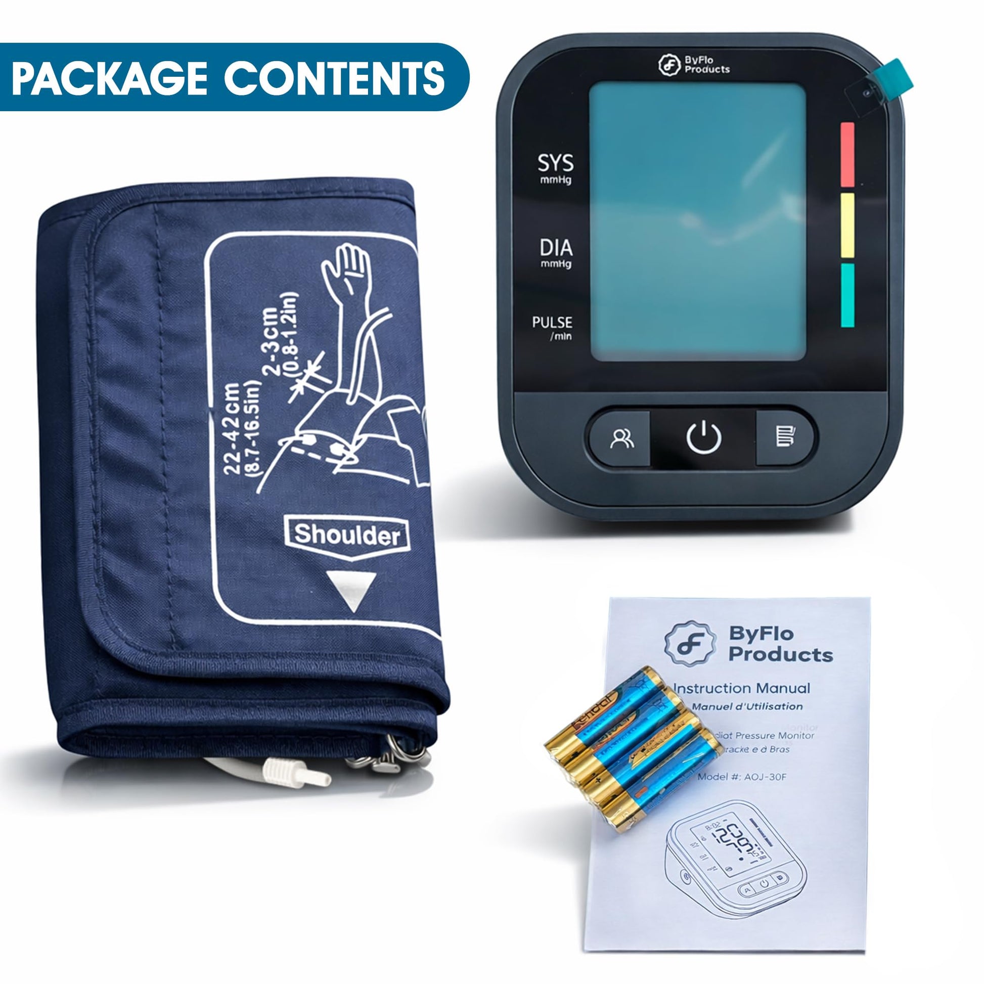 ByFloProducts Blood Pressure Monitor for Home Use – Digital Heart Rate Monitor with Backlit LCD Screen, Includes Blood Pressure Cuff, 4 AAA Batteries, Perfect Automatic Blood Pressure Machine (Black with Backlight) - Available at All In One Marketplace Canada