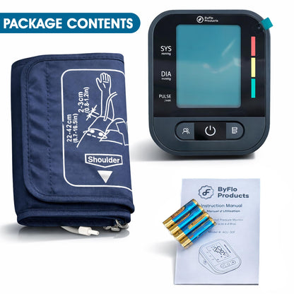 ByFloProducts Blood Pressure Monitor for Home Use – Digital Heart Rate Monitor with Backlit LCD Screen, Includes Blood Pressure Cuff, 4 AAA Batteries, Perfect Automatic Blood Pressure Machine (Black with Backlight) - Available at All In One Marketplace Canada