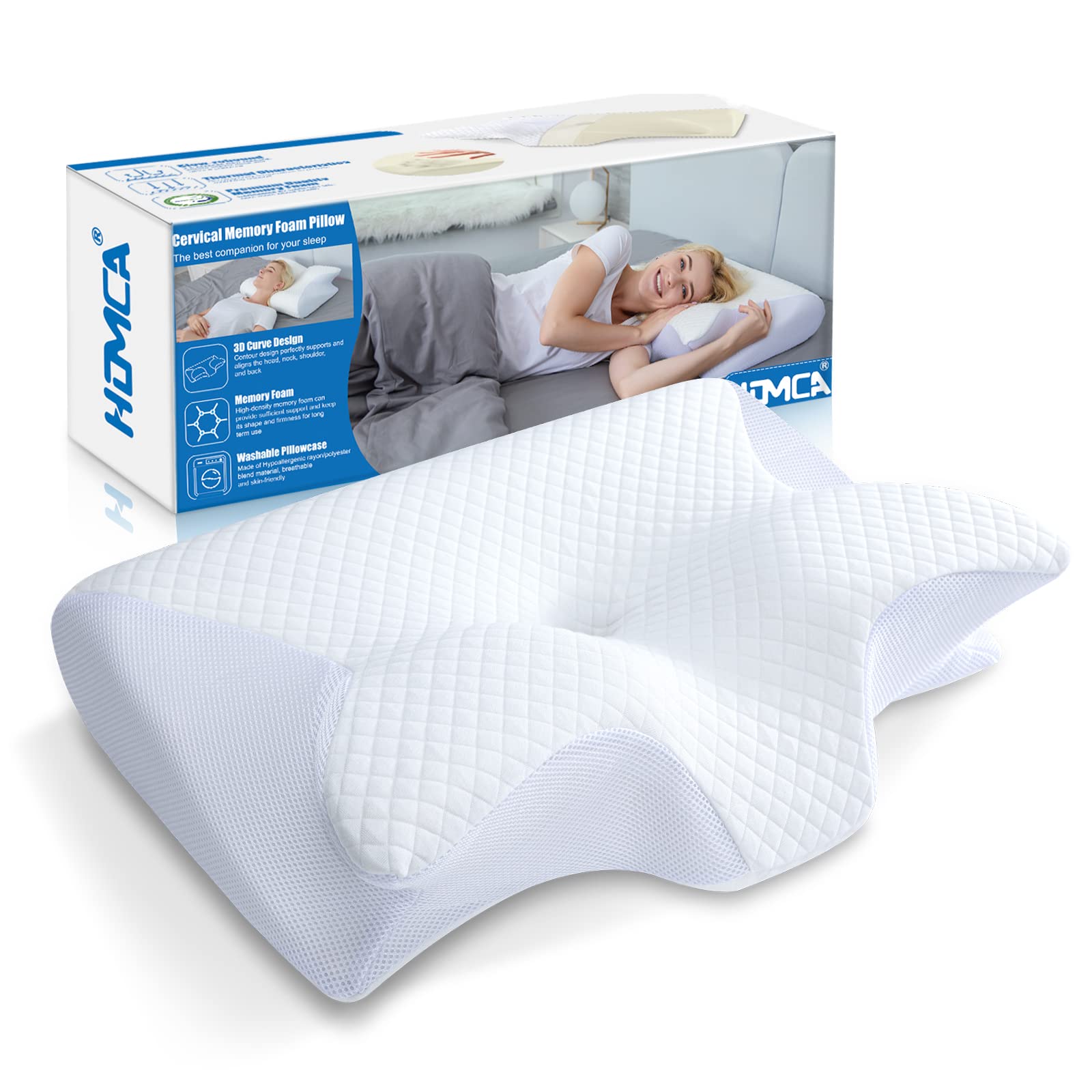 HOMCA Memory Foam Pillow, 2 in 1 Cervical Pillow for Neck Pain Relief, Ergonomic Neck Support Pillows for Side Back Stomach Sleepers with Breathable Pillowcase(White)