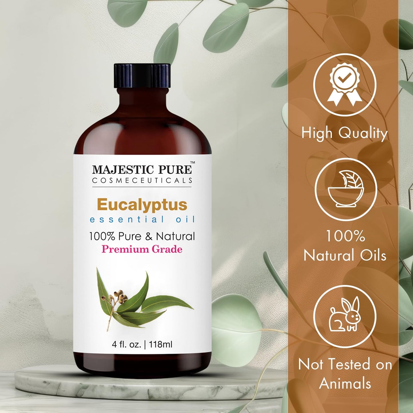Majestic Pure Eucalyptus Essential Oil - Huge 118 ml - 100% Pure and Natural Oil for Soap Making Scent- Premium Grade with Glass Dropper