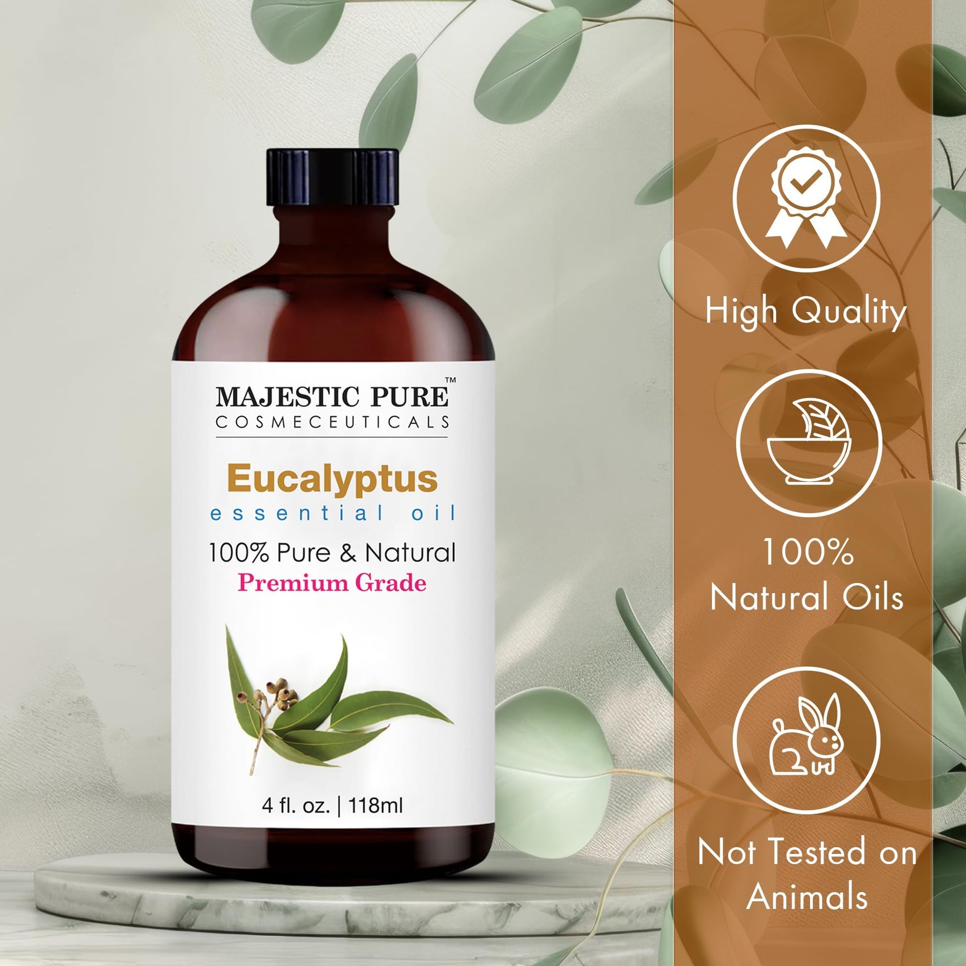 Majestic Pure Eucalyptus Essential Oil - Huge 118 ml - 100% Pure and Natural Oil for Soap Making Scent- Premium Grade with Glass Dropper