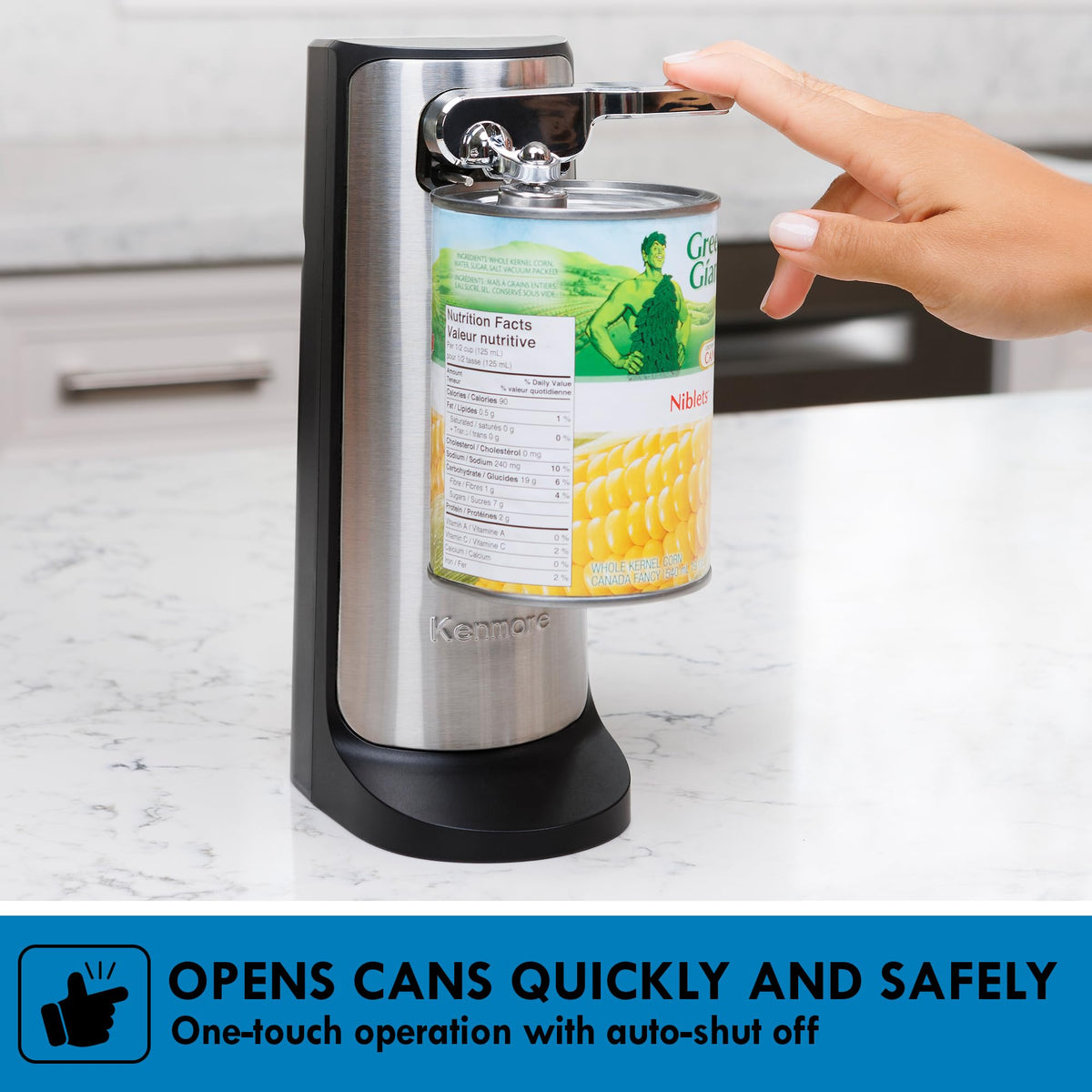 Kenmore Electric Can Opener - Hand Friendly, Bottle Opener, Knife sharpener, Latas Abrelatas, Cord Storage, Automatic Countertop appliance Stainless Steel detachable cutting lever