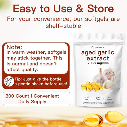 Aged Garlic Extract Capsules 7500mg Odorless – 300 Count Aged Garlic Supplement for Immune Support，Organic, Non-GMO, Vegetarian Softgels(1 PCS) - Available at All In One Marketplace Canada