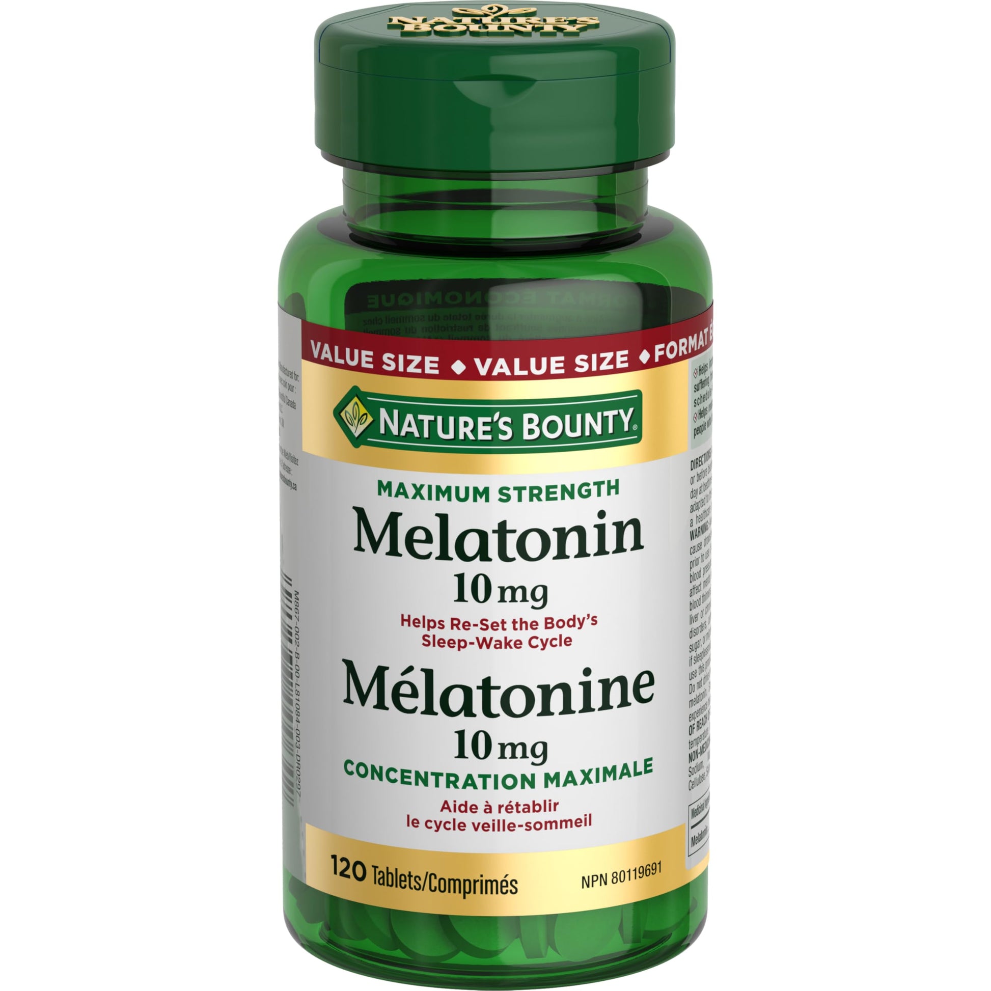 NATURE'S BOUNTY Maximum Strength Melatonin, 10 mg, Value Size, Helps Reset Sleep-wake Cycle, Helps Increase Total Sleep Time, Fall Asleep Faster, Fights Jet Lag, 120 Tablets, 44 g - Available at All In One Marketplace Canada