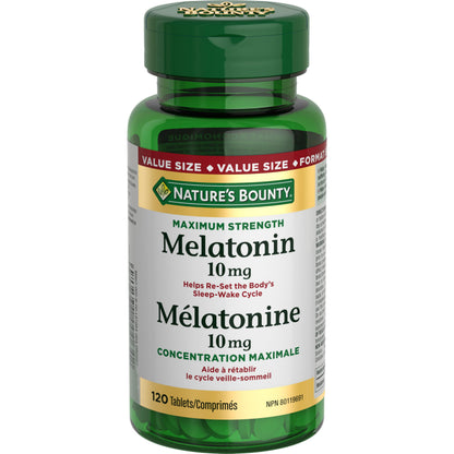 NATURE'S BOUNTY Maximum Strength Melatonin, 10 mg, Value Size, Helps Reset Sleep-wake Cycle, Helps Increase Total Sleep Time, Fall Asleep Faster, Fights Jet Lag, 120 Tablets, 44 g - Available at All In One Marketplace Canada