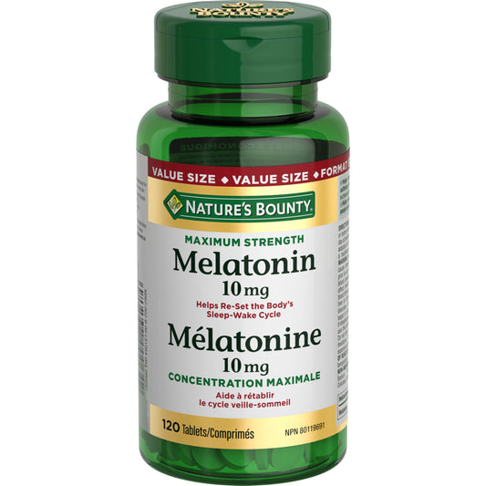 NATURE'S BOUNTY Maximum Strength Melatonin, 10 mg, Value Size, Helps Reset Sleep-wake Cycle, Helps Increase Total Sleep Time, Fall Asleep Faster, Fights Jet Lag, 120 Tablets, 44 g - Available at All In One Marketplace Canada