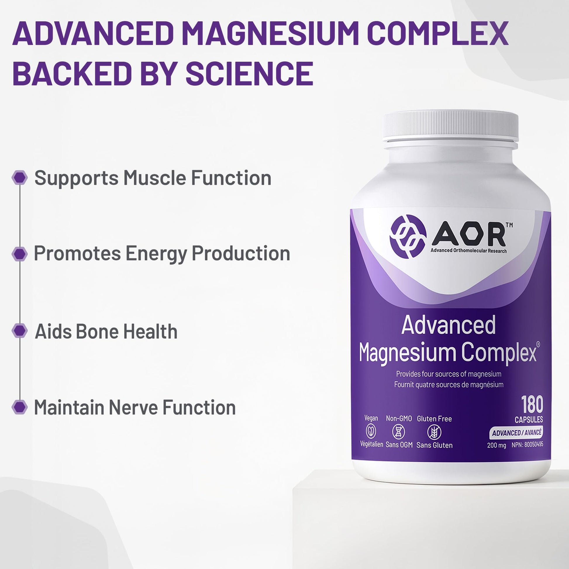 AOR Advanced Magnesium Complex 200mg, 180 Capsules 180-Day Supply - Highly Absorbable Magnesium Glycinate, Aspartate, Malate & Ascorbate - Elemental Chelated Complex for Relaxation and Muscle Comfort - Available at All In One Marketplace Canada