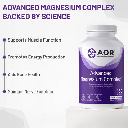 AOR Advanced Magnesium Complex 200mg, 180 Capsules 180-Day Supply - Highly Absorbable Magnesium Glycinate, Aspartate, Malate & Ascorbate - Elemental Chelated Complex for Relaxation and Muscle Comfort - Available at All In One Marketplace Canada