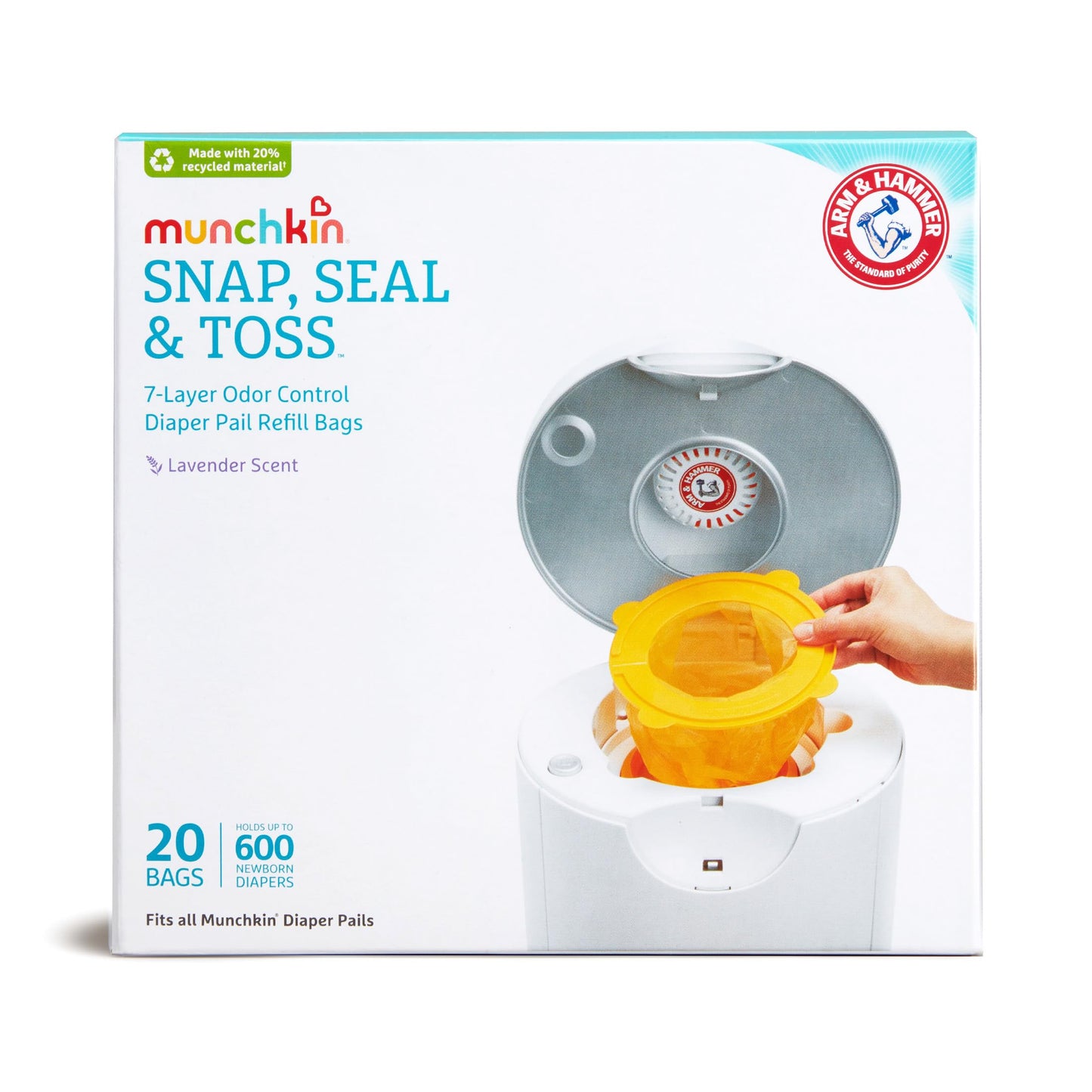 Munchkin Arm & Hammer Diaper Pail Snap, Seal and Toss Refill Bags, 20 Bags, Holds 600 Diapers Munchkin