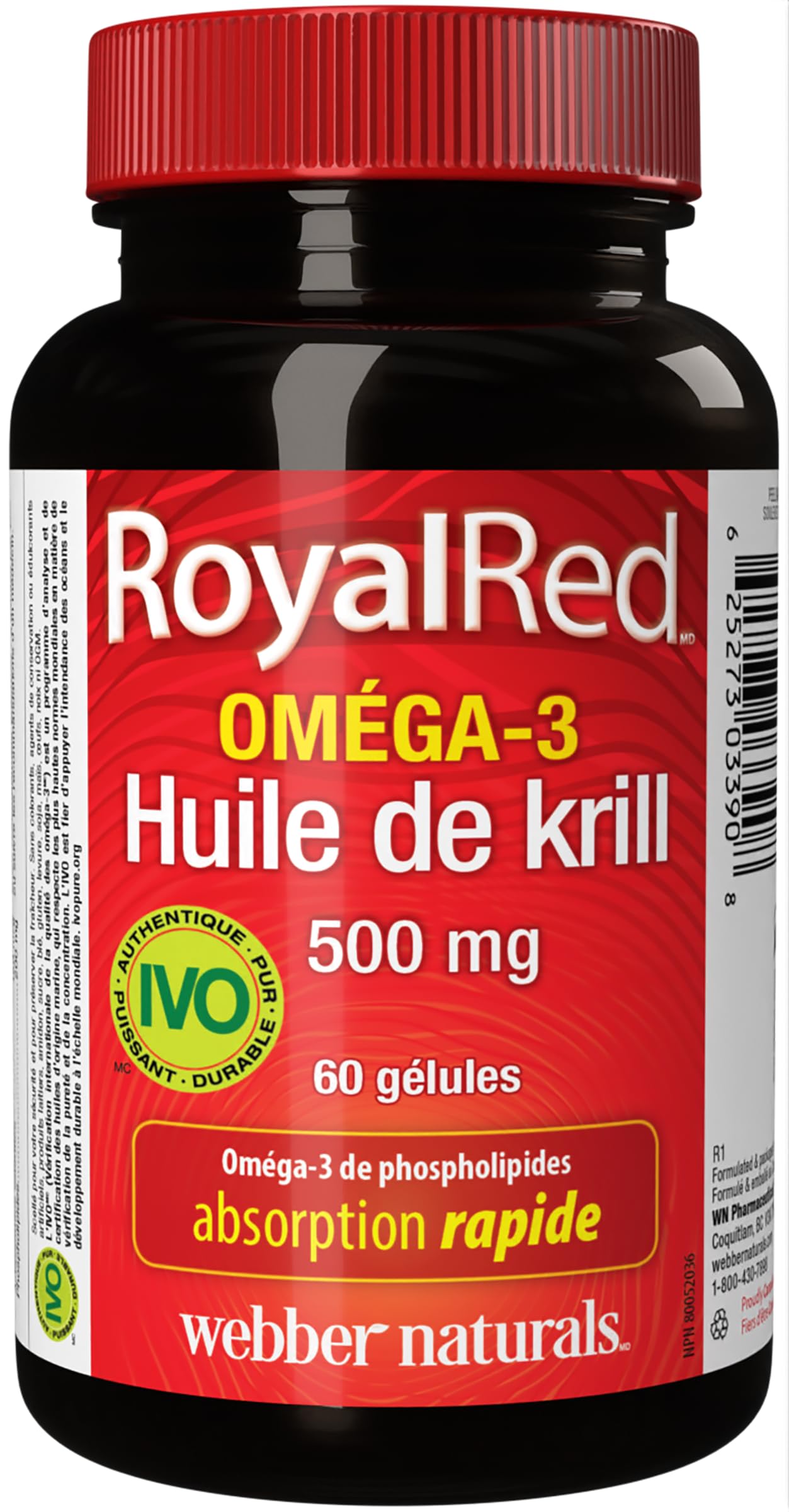 Webber Naturals RoyalRed Krill Oil 500 mg, 60 Softgels, Supports Cardiovascular Health and Brain Function, Antioxidant Support - Available at All In One Marketplace Canada