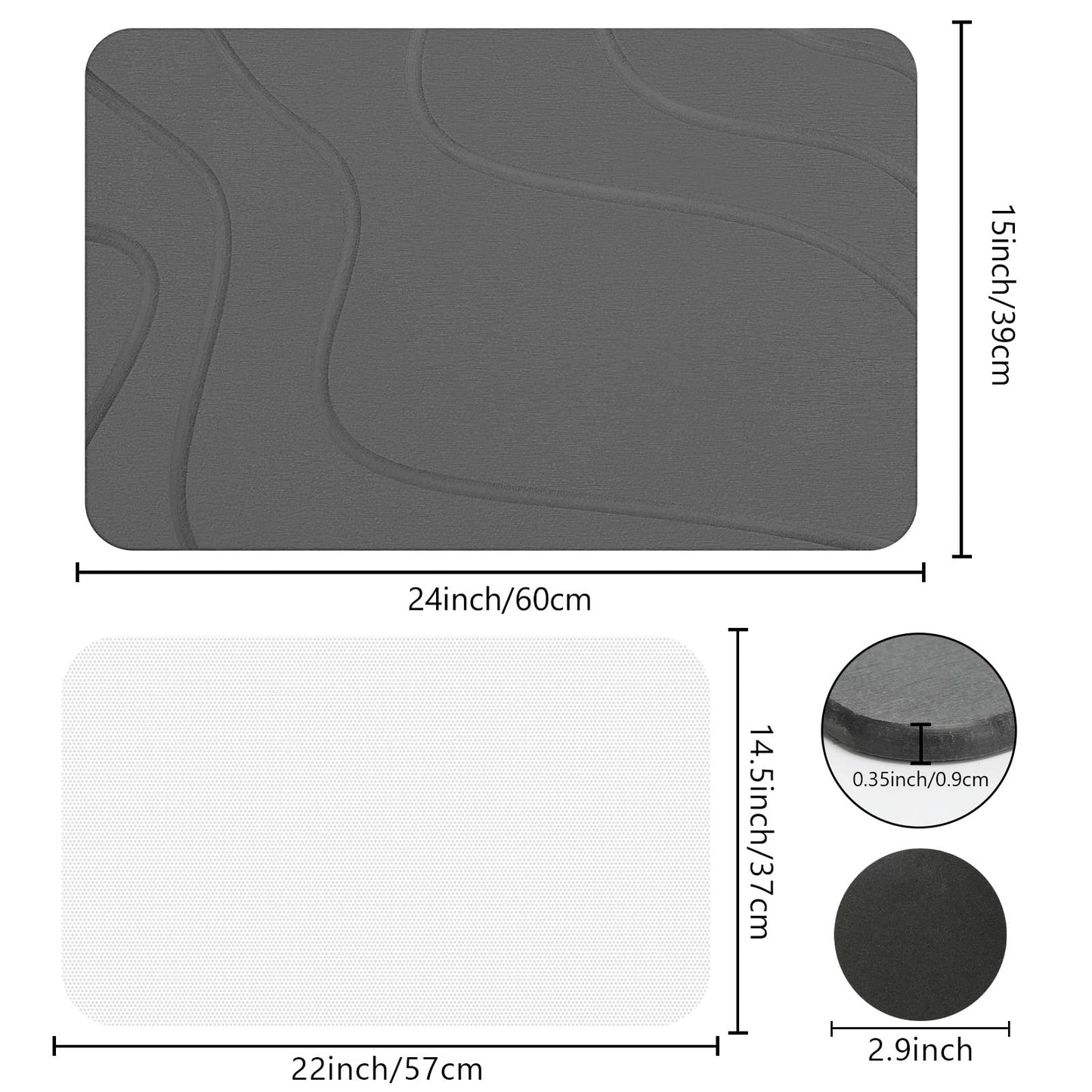 Ceecysaa Stone Bath Mat, Non-Slip Diatomaceous Earth Shower Mat, Quick Drying Bath Mat Stone, Super Absorbent Diatomite Bath Mats for Bathroom Kitchen, Easy to Clean, 60 x 39cm, Dark Gray - Available at All In One Marketplace Canada