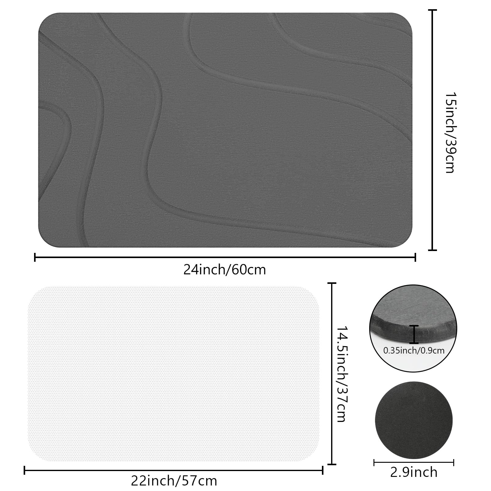 Ceecysaa Stone Bath Mat, Non-Slip Diatomaceous Earth Shower Mat, Quick Drying Bath Mat Stone, Super Absorbent Diatomite Bath Mats for Bathroom Kitchen, Easy to Clean, 60 x 39cm, Dark Gray - Available at All In One Marketplace Canada
