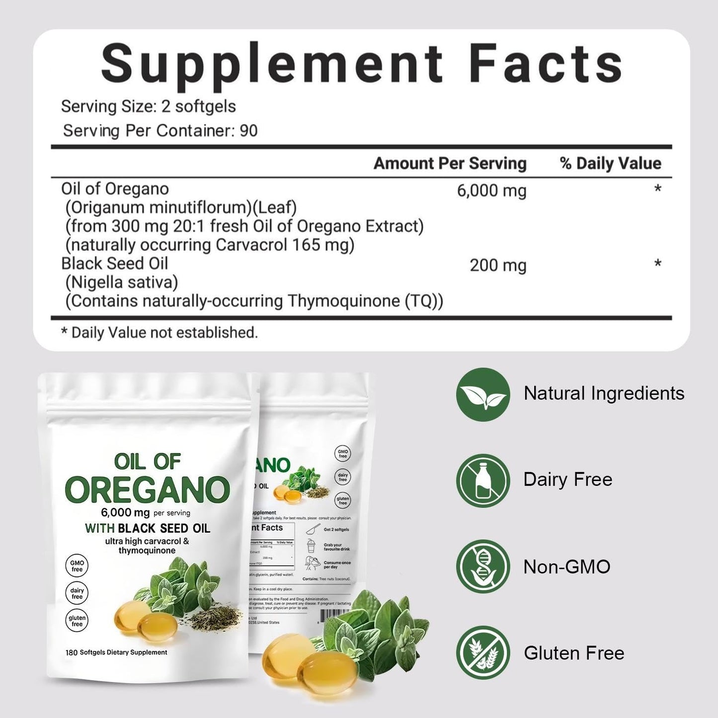 Oil of Oregano Softgels 6000mg Per Serving, 2 in 1 Formulated with Black Seed Oil 200mg, 4X Strength Carvacrol & Thymoquinone | Plant Based, Non-GMO & Immune Support (180 Count/1 Bag) - Available at All In One Marketplace Canada