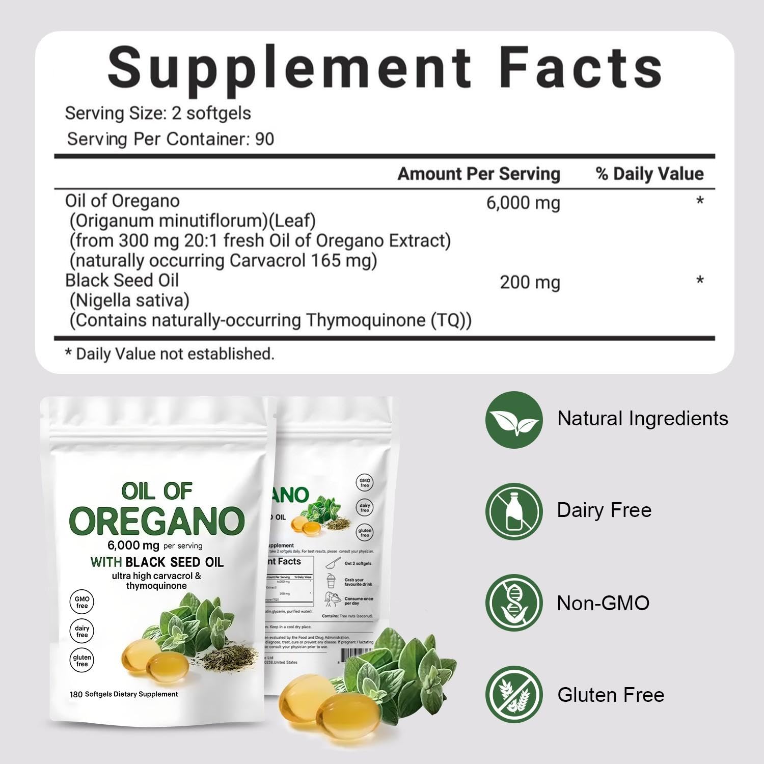 Oil of Oregano Softgels 6000mg Per Serving, 2 in 1 Formulated with Black Seed Oil 200mg, 4X Strength Carvacrol & Thymoquinone | Plant Based, Non-GMO & Immune Support (180 Count/1 Bag) - Available at All In One Marketplace Canada