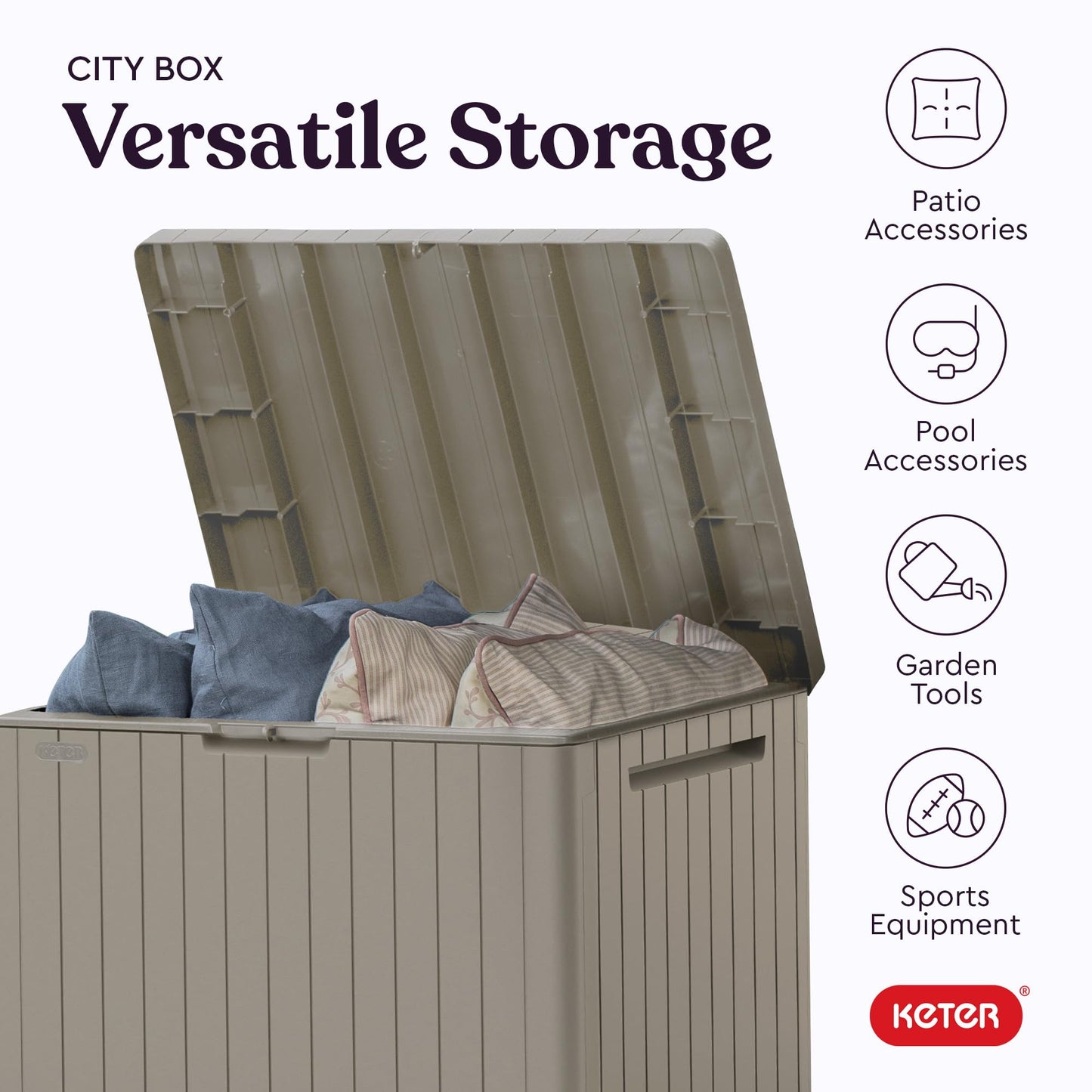 Keter City 30 Gallon Resin Outdoor Storage Box and Patio Furniture Side Table for Pool and Garden Accessories, Beige Keter