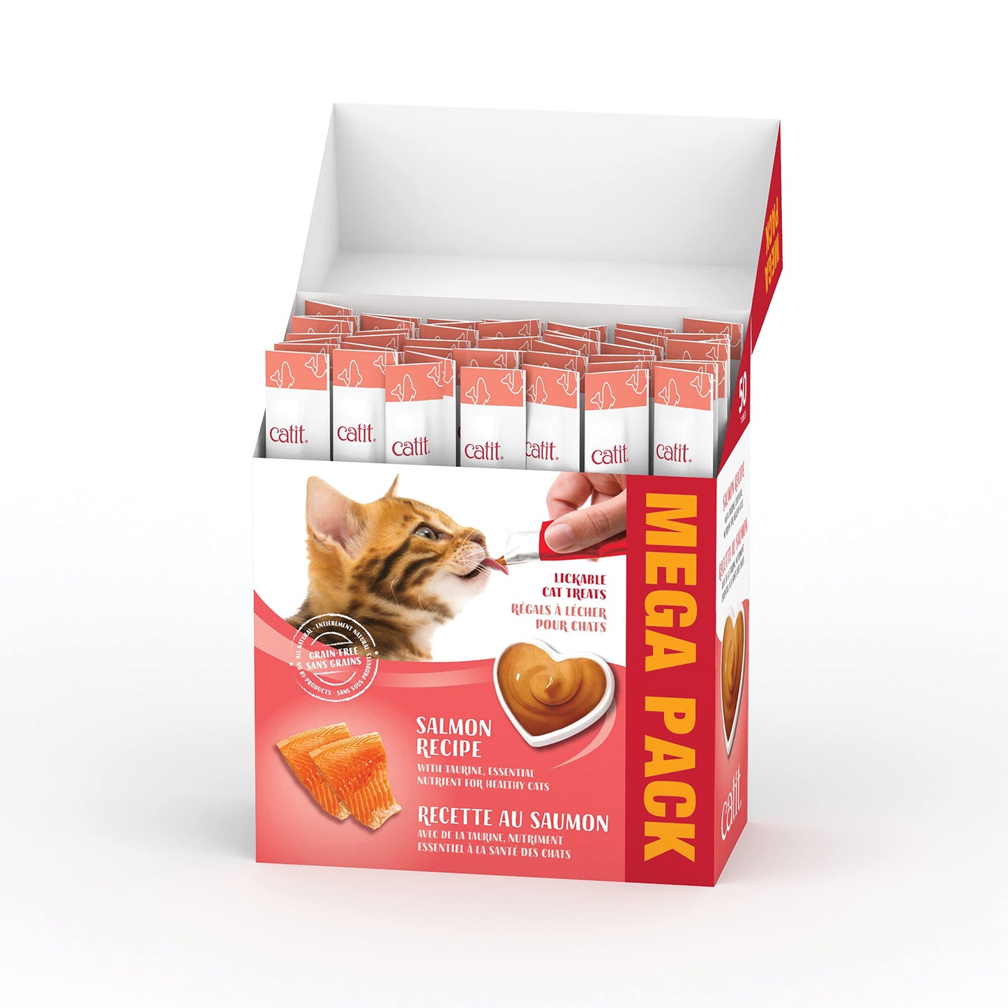 Catit Creamy Cat Treats Lickable, Salmon Flavor, 50 Tubes, Mega Pack, Hand-Fed Lickable Cat Treats, Healthy & Hydrating, Made with Fresh Ingredients, Gaterie Pour Chat - Available at All In One Marketplace Canada
