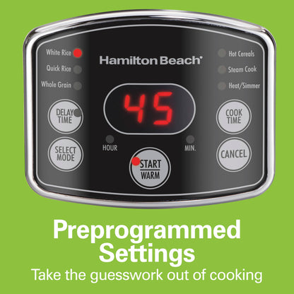 Hamilton Beach Digital Programmable Rice Cooker & Food Steamer, 14 Cups Cooked (7 Cups Uncooked), Stainless Steel, Steam & Rinse Basket, Delay Start, Model 37548MN - Available at All In One Marketplace Canada