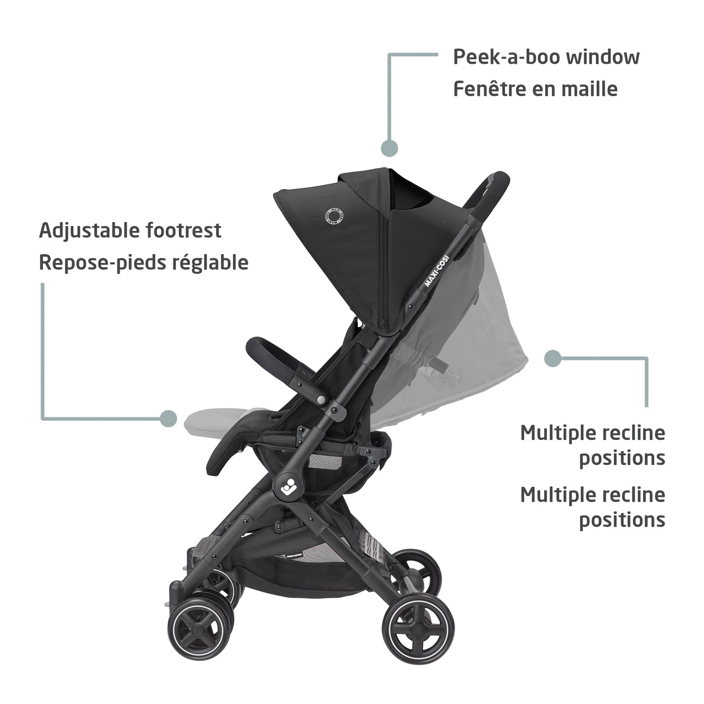 Maxi-Cosi Lara Ultra Compact Stroller, Airplane Carry-on Compliant for travel, Lightweight, one-hand fold, large storage, inludes travel bag Essential Black Maxi-Cosi