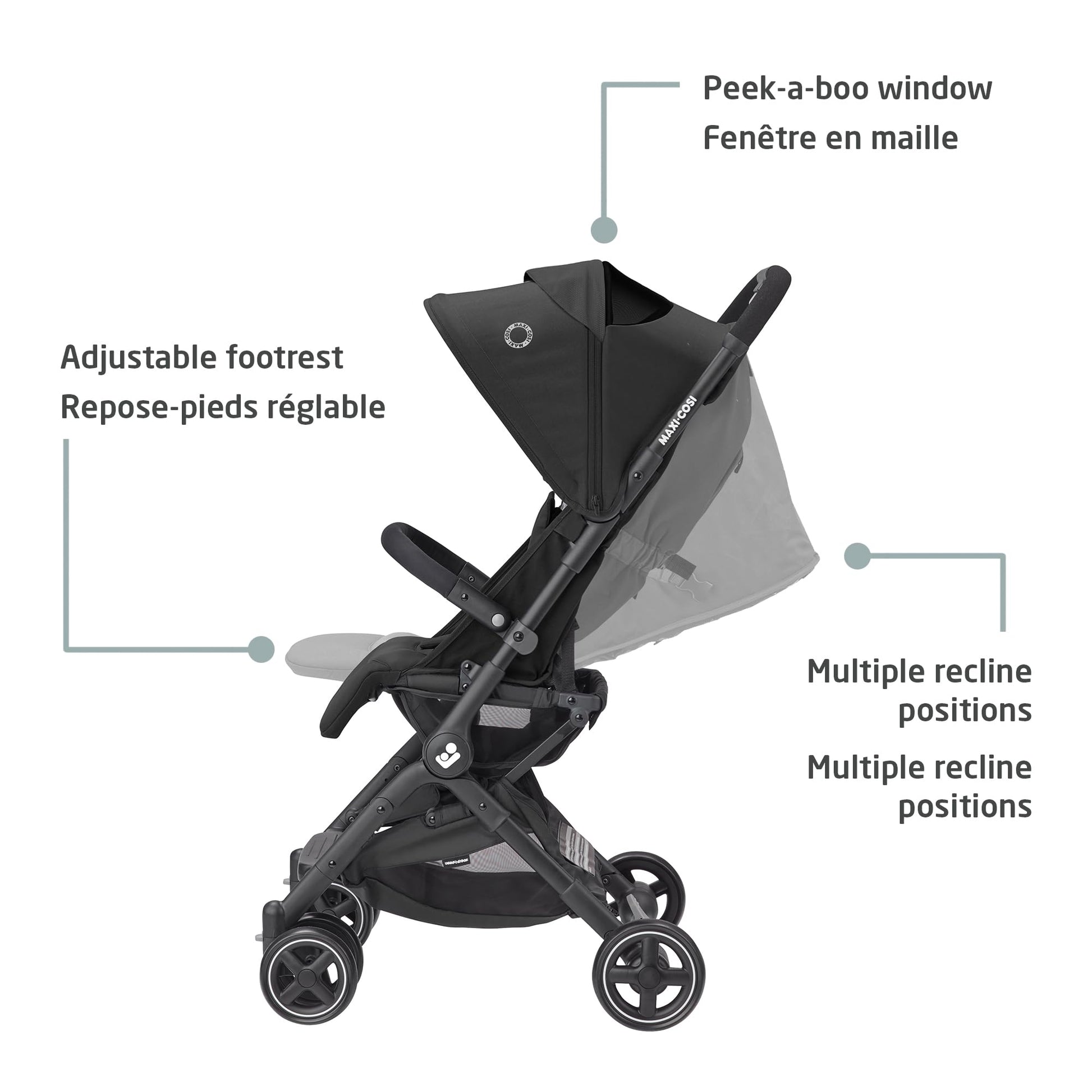 Maxi-Cosi Lara Ultra Compact Stroller, Airplane Carry-on Compliant for travel, Lightweight, one-hand fold, large storage, inludes travel bag Essential Black Maxi-Cosi