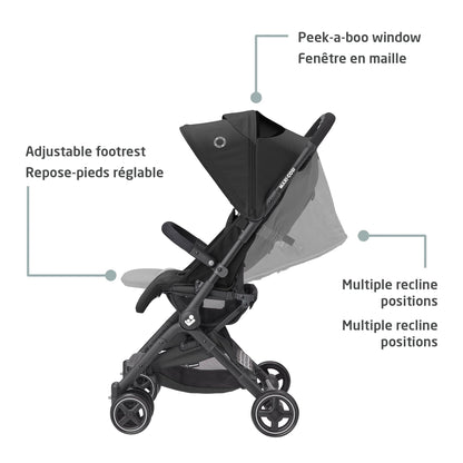 Maxi-Cosi Lara Ultra Compact Stroller, Airplane Carry-on Compliant for travel, Lightweight, one-hand fold, large storage, inludes travel bag Essential Black Maxi-Cosi