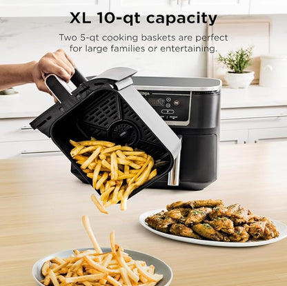 Ninja Foodi 10-qt. 6-in-1 DualZone XL Air Fryer, 2 Independent Baskets, Match Cook & Smart Finish to Air Fry, Air Broil, Roast, Bake, Dehydrate, & Keep Warm, Black, DZ302C (Canadian Version)
