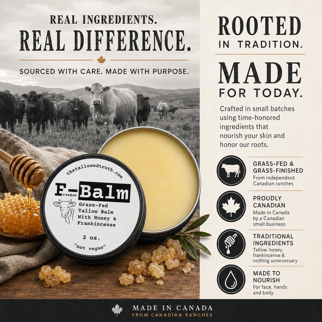 The Tallowed Truth F-Balm - All-In-One Premium Tallow Balm for Face & Body – Grass-Fed, Grass-Finished with Soft Sweet Scent of Honey & Frankincense – 5 Ingredients Only – Made in Canada - 2 oz - Available at All In One Marketplace Canada