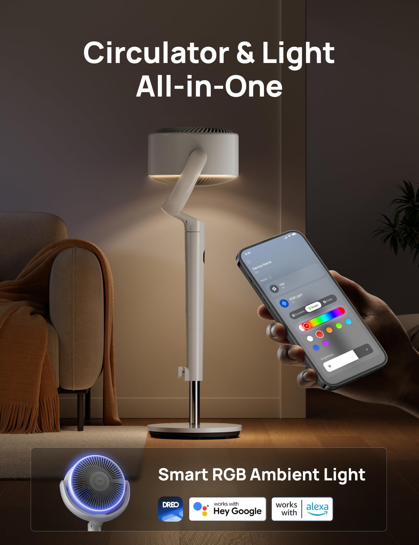 DREO Smart Fan for Bedroom, 120° +120° Omni-Directional Oscillating Fans, 90ft Quiet Pedestal Fan with RGB Light, 9 Speeds, 6 Modes, 20dB, 8H Timer, Wi-Fi/Voice/Alexa, 37-42" Floor Fans with Remote 🍁 All In One Marketplace Canada