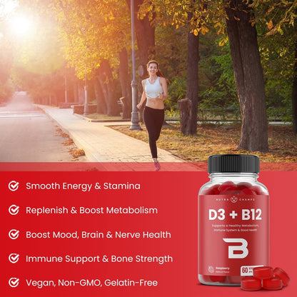 Vitamin D3 1000 IU + B12 1000mcg Per Serving | Chewable Vitamins B & D Gummies for Adults, Kids, Women & Men | Enhanced With Folate for Energy & Immunity | 120 Gummies - Available at All In One Marketplace Canada